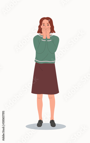 Young woman in full height experiences fear, fright, stress.Vector flat style cartoon  illustration.