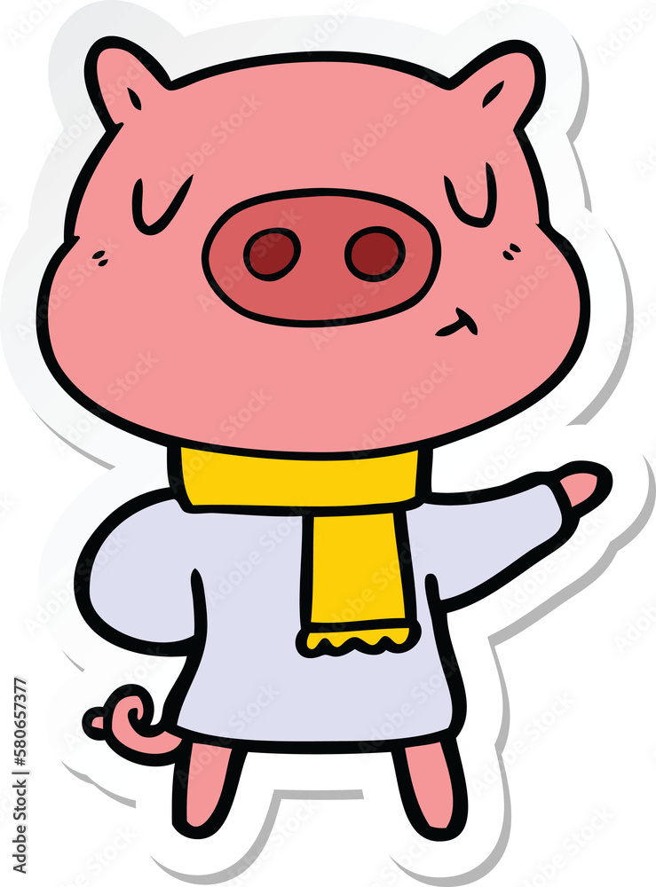 sticker of a cartoon content pig in winter attire sticker of a cartoon content pig in winter attire