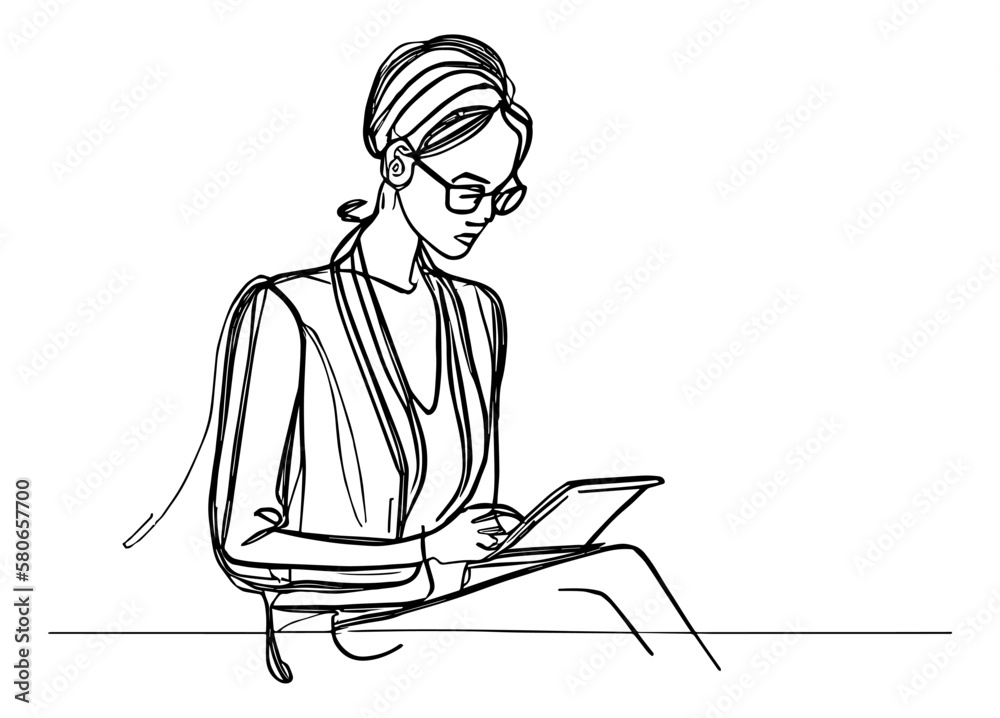 Vector illustration of a person sitting in front of a laptop, line art of a person sitting in front of a laptop