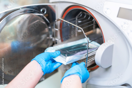 Packaged dental products in sealed packaging. Sterilization and disinfection in a modern dental clinic