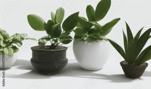 Plants in white and black pots on a white background. AI generative.