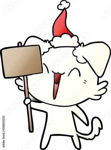 happy little gradient cartoon of a dog holding sign wearing santa hat © lineartestpilot