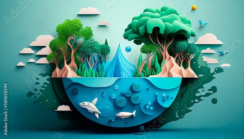 Paper Art for World Water Day: Promoting Ecology, Saving Water, and Protecting the Environment. Generative AI