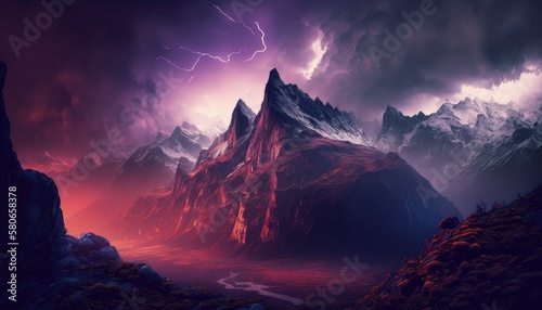 Purple sky with mountains. Generative AI