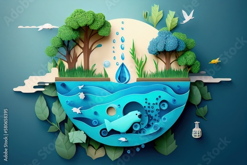 Paper Art for World Water Day: Promoting Ecology, Saving Water, and Protecting the Environment. Generative AI