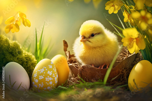 A selection of shiny easter eggs on a grass background. Happy Easter background. © elenbessonova
