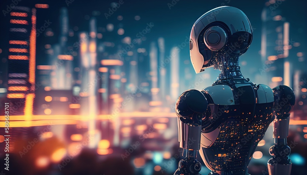 Fototapeta premium Smart City with robot system artificial intelligence. Generative AI