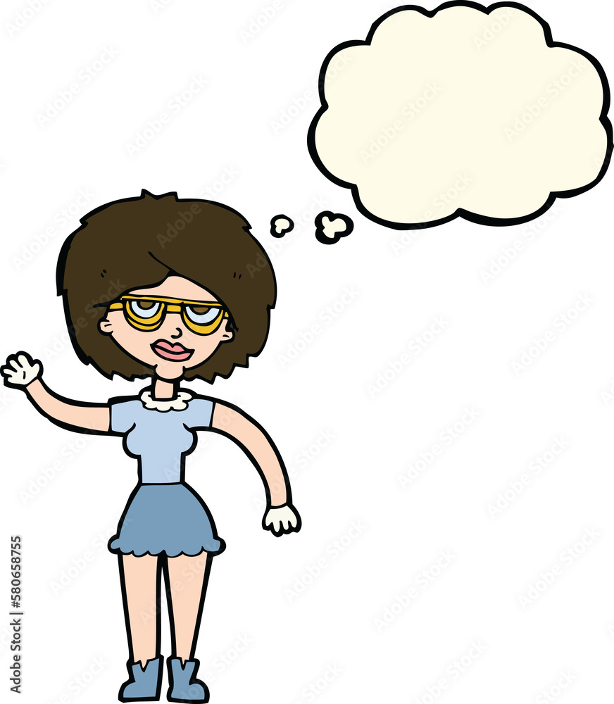 cartoon waving woman wearing spectacles with thought bubble cartoon waving woman wearing spectacles with thought bubble