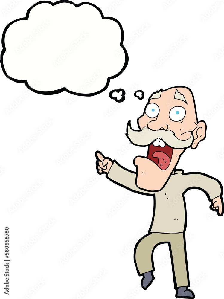 cartoon frightened old man with thought bubble