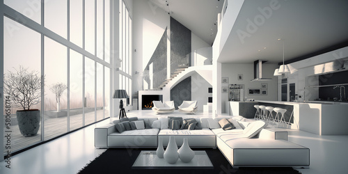 White bright living room. White living room with full wall windows on one side. A high ceiling bright white living room with white furniture. Generative AI. 