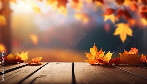 Wooden Table With Orange Leaves And Blurred Autumn Background. Generative AI.