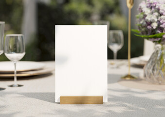 Mockup white blank space card, for greeting, table number, wedding invitation template on wedding table setting background. with clipping path. 3D rendering.