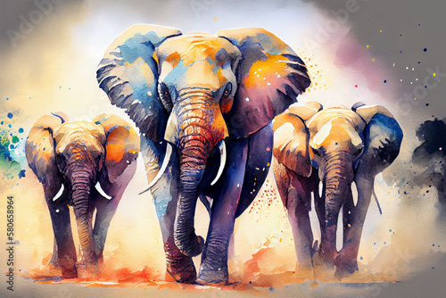 Canvas Print A group of elephants trumpeting and charging forward to protect one of their own