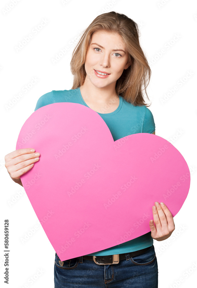Woman with paper heart isolated on white background Woman with paper heart isolated on white background