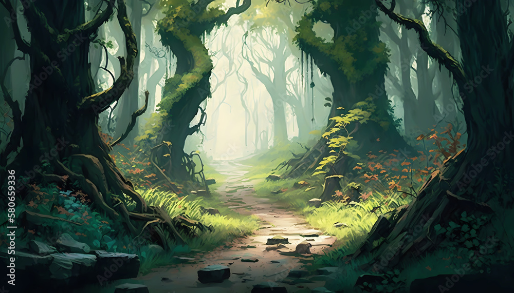the road in the green forest, generative AI