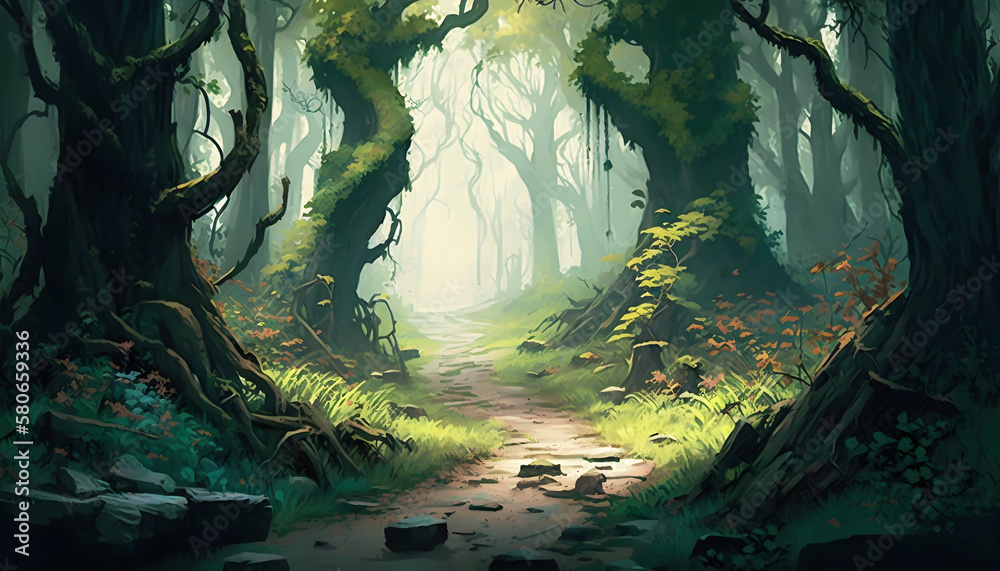 Naklejka premium the road in the green forest, generative AI