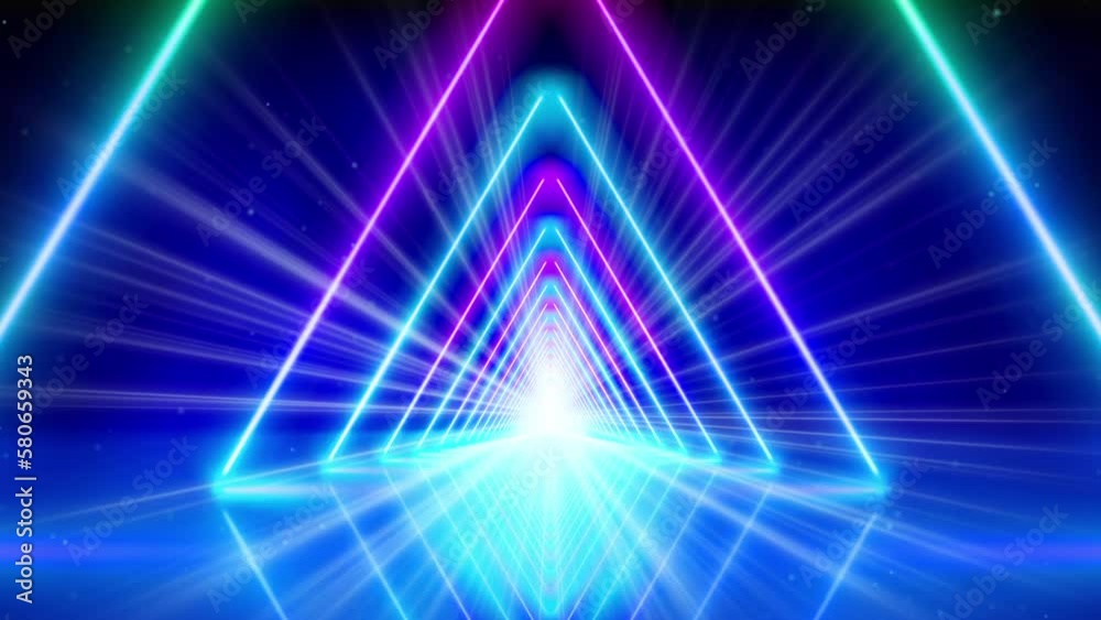 Glowing neon lines, triangle tunnel, abstract animated technology background, virtual reality. Pink blue purple neon triangular corridor, perspective. Design element, vj loop, seamless