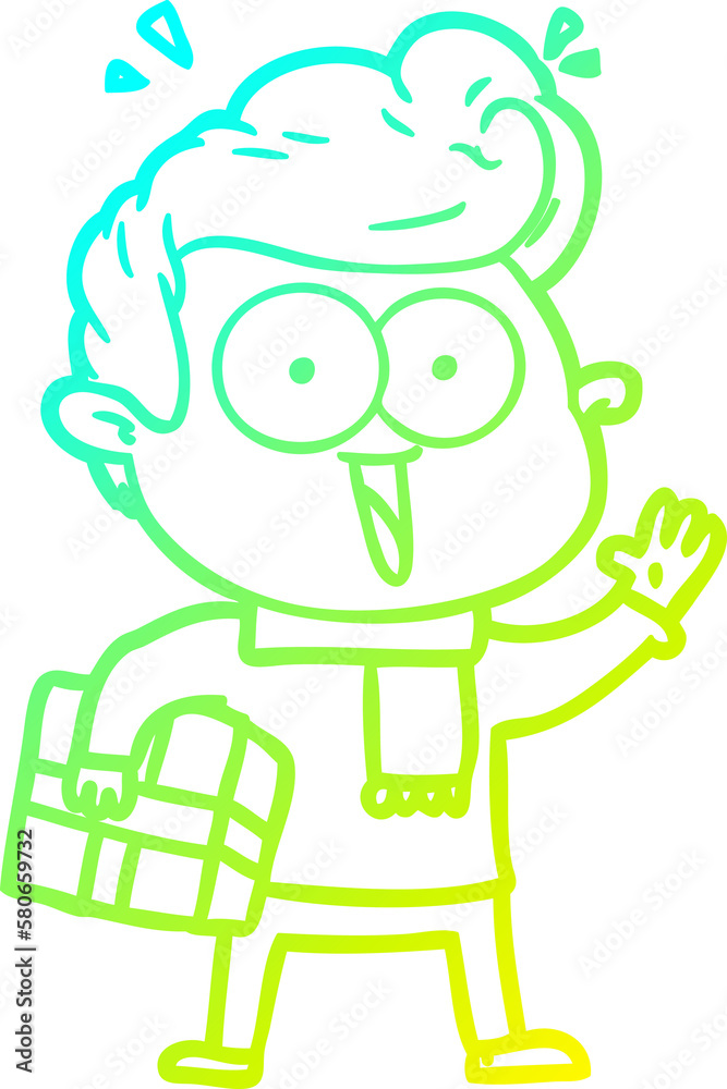 cold gradient line drawing cartoon excited man with present cold gradient line drawing cartoon excited man with present