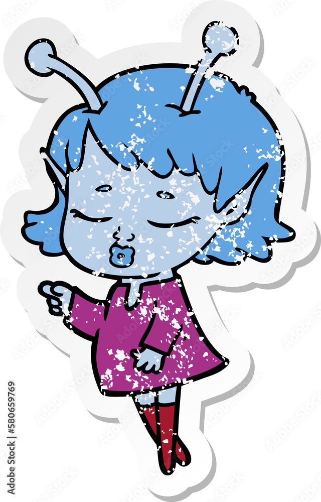 distressed sticker of a cute alien girl cartoon distressed sticker of a cute alien girl cartoon