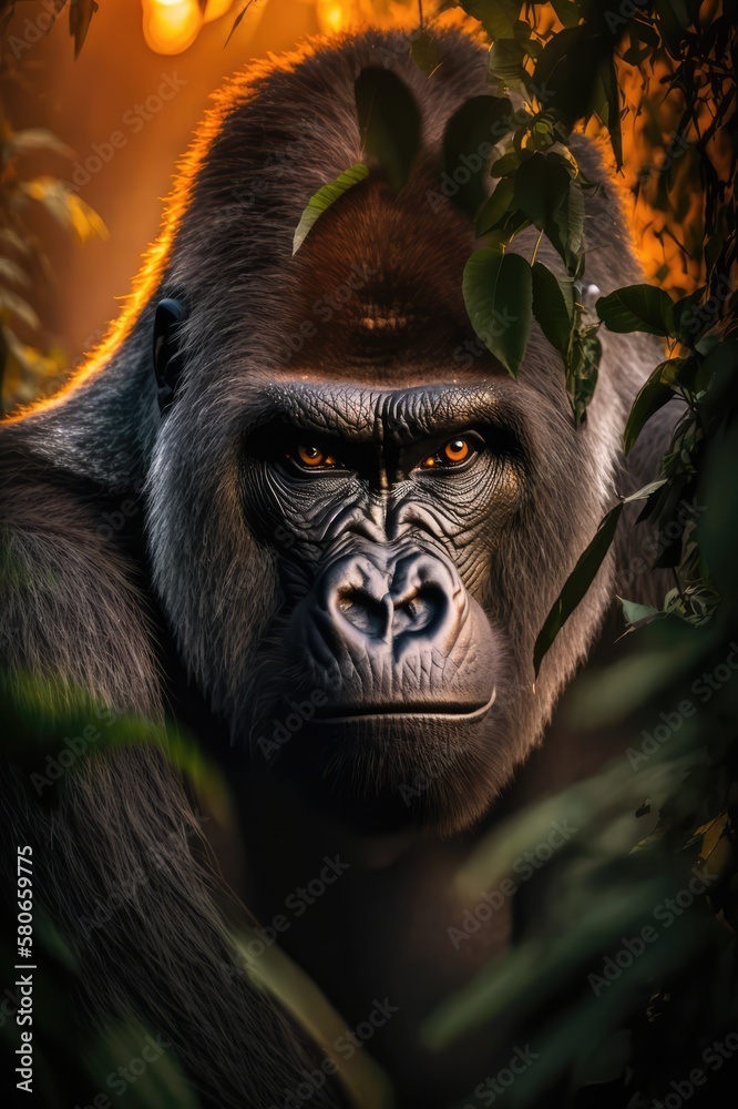 Obraz premium Portrait of gorilla in the sunset, made with generated ai