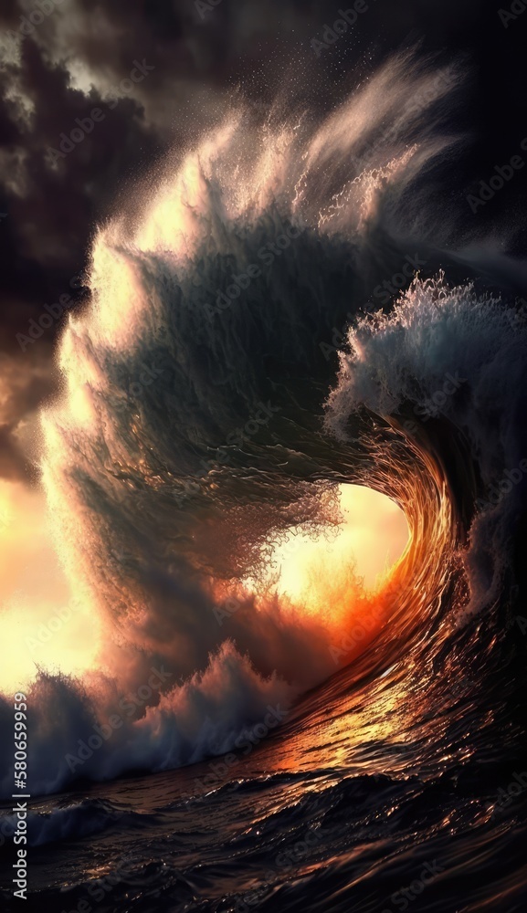 Beautiful big wave before crashing, made with generated ai