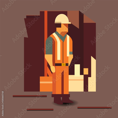 A cartoon of a construction worker wearing an orange hard hat and an orange hard hat