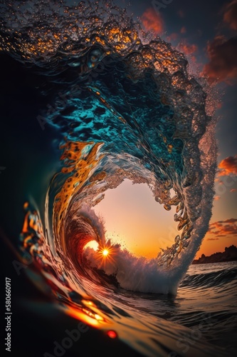 Beautiful wave chrashing in the sunset  made with generated ai