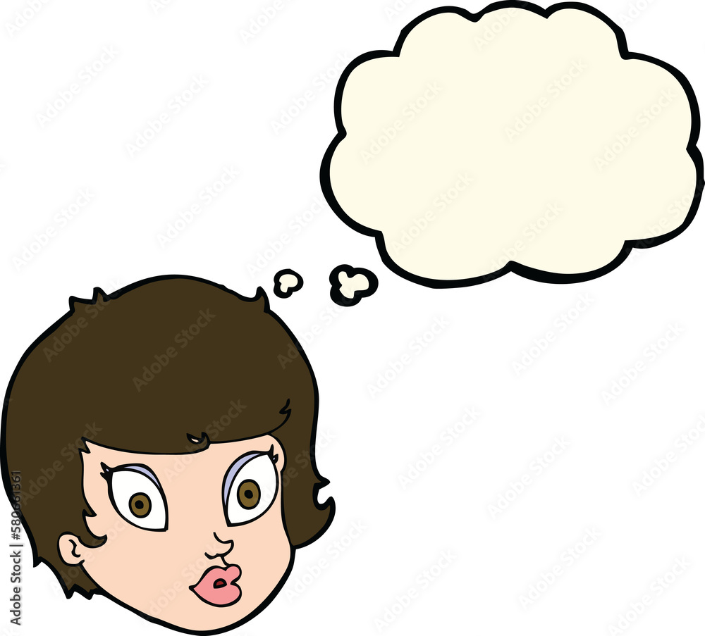 cartoon surprised female face with thought bubble