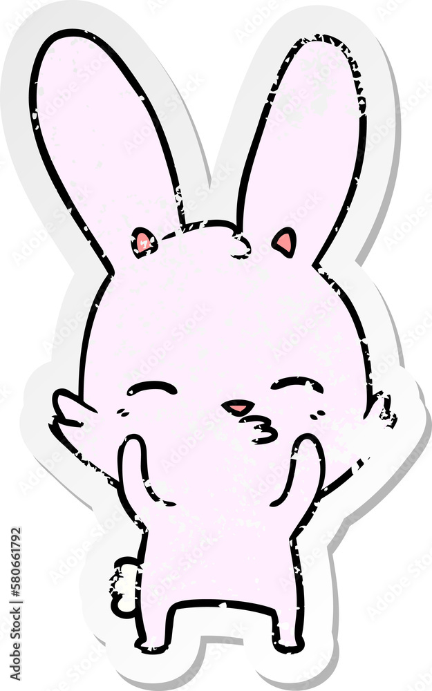 distressed sticker of a curious waving bunny cartoon distressed sticker of a curious waving bunny cartoon