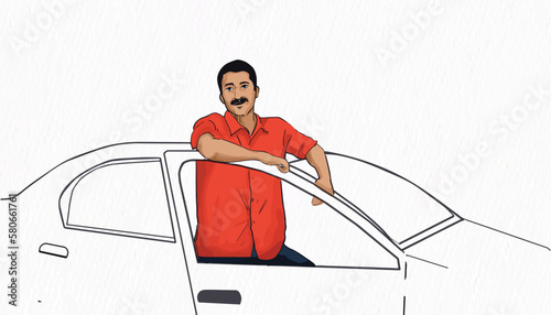 A man in a red shirt is standing in a car and is smiling line drawing and illustration