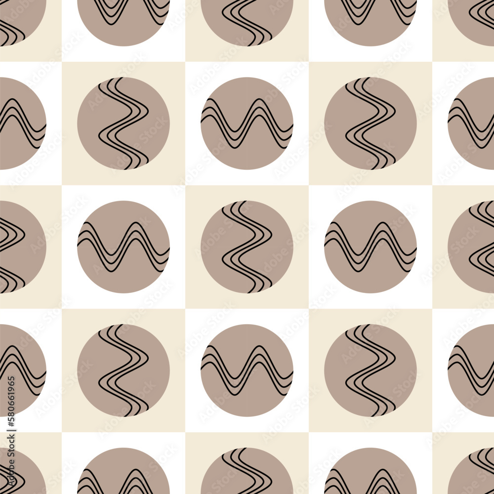 seamless pattern with waves and circles, abstract vector art, texture in black and brown on beige background, abstract graphic ornament, repeating patterm, ideal for fashion, textiles and paper design