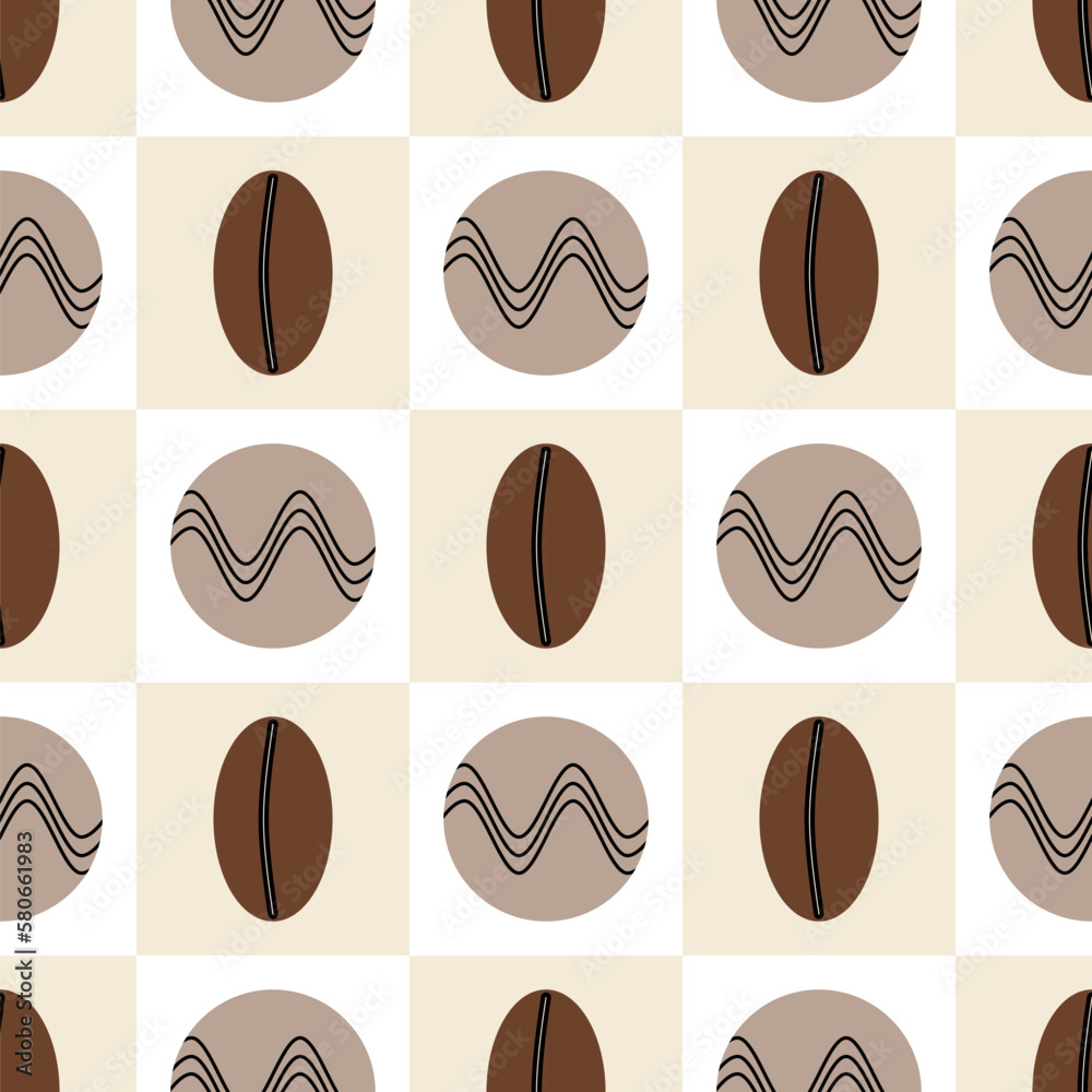seamless pattern of coffee beans on beige background, illustration of coffee beans, square design, ideal for cafes, repeating pattern, seamless texture, coffee decoration