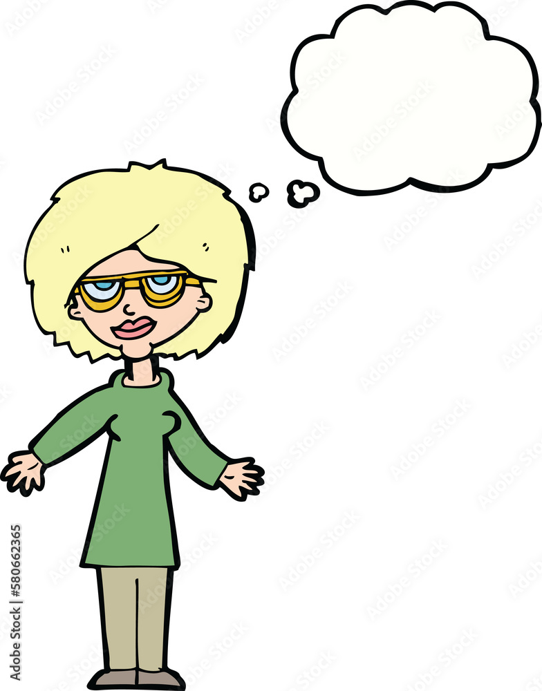 cartoon woman wearing glasses with thought bubble cartoon woman wearing glasses with thought bubble