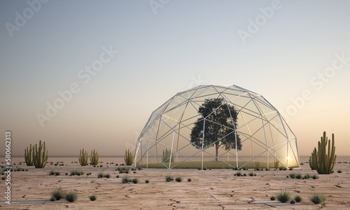 tree under a glass dome in desert area - 3D Illustration