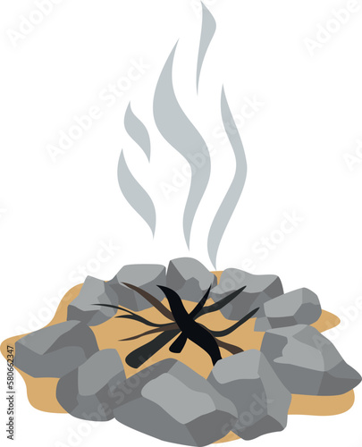 Extinct campfire smoke sand stones warm fireplace isometric vector illustration fire wood branches