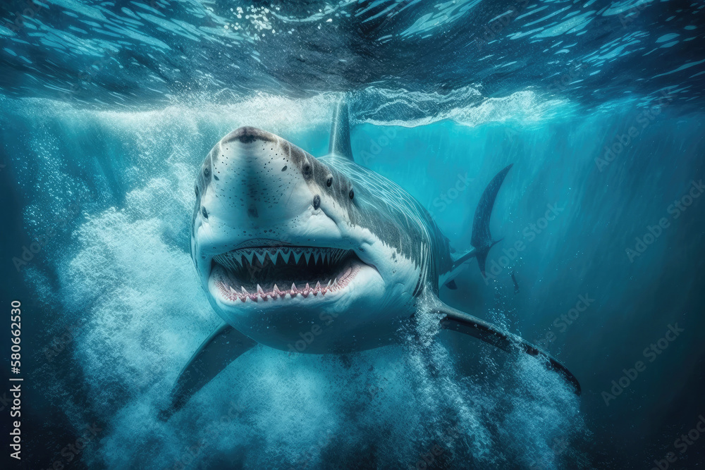 Scary shark with big teeth swims underwater. Created with Generative AI
