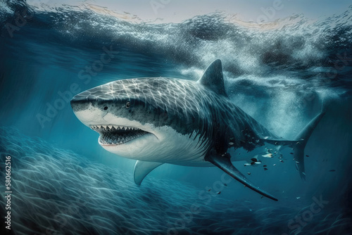 Scary shark with big teeth swims underwater. Created with Generative AI technology.