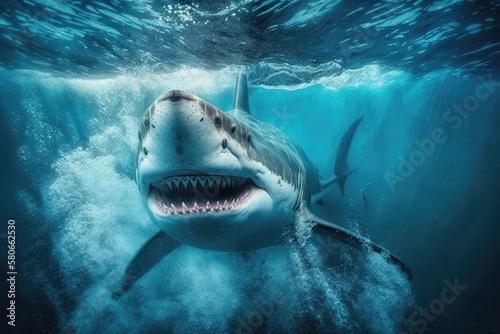 Scary shark with big teeth swims underwater. Created with Generative AI technology.