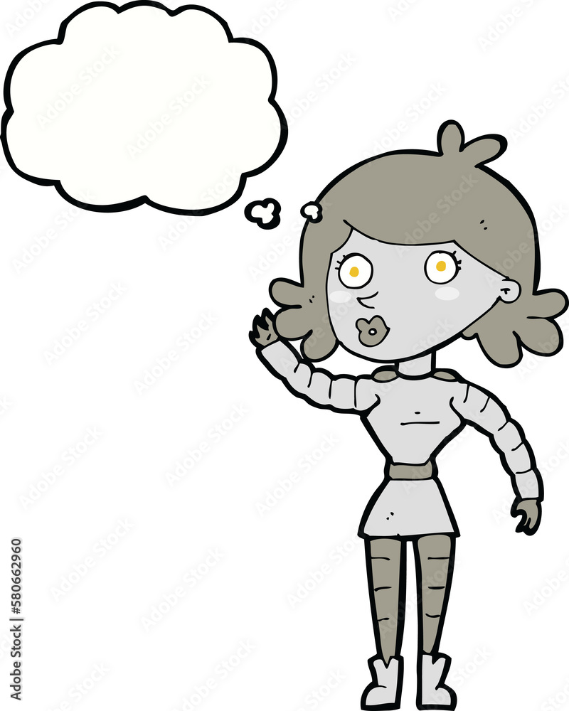 cartoon robot woman waving with thought bubble