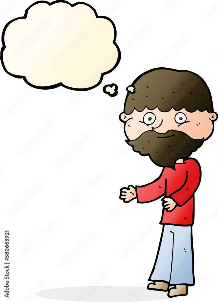 cartoon happy bearded man with thought bubble