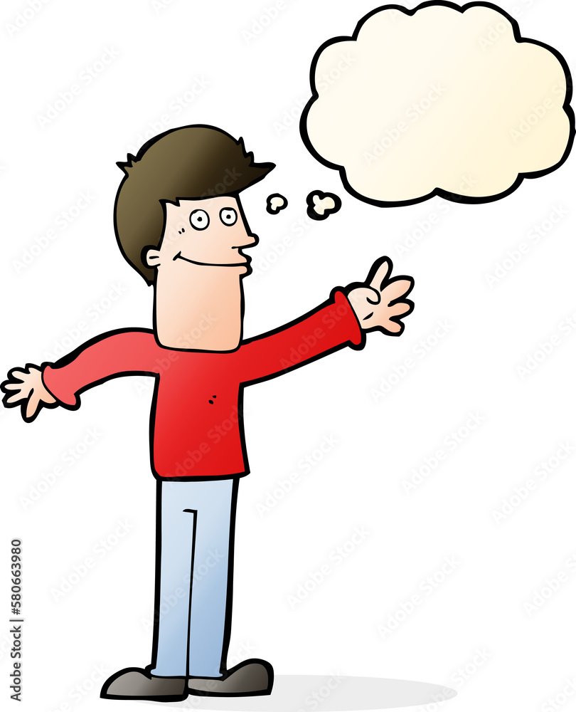 cartoon happy man waving with thought bubble cartoon happy man waving with thought bubble