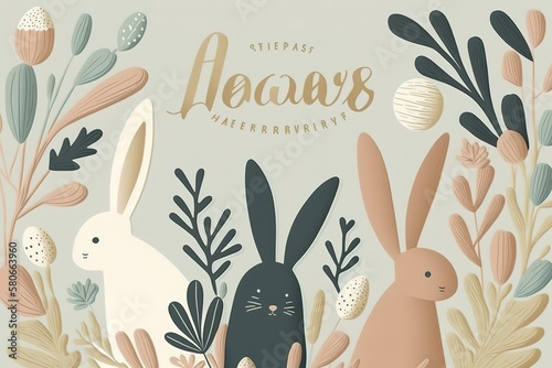 Happy Easter banner, poster, greeting card. Trendy Easter design with typography, bunnies, flowers, eggs, and bunny ears, in pastel colors. Modern minimal style, AI genertaed photo