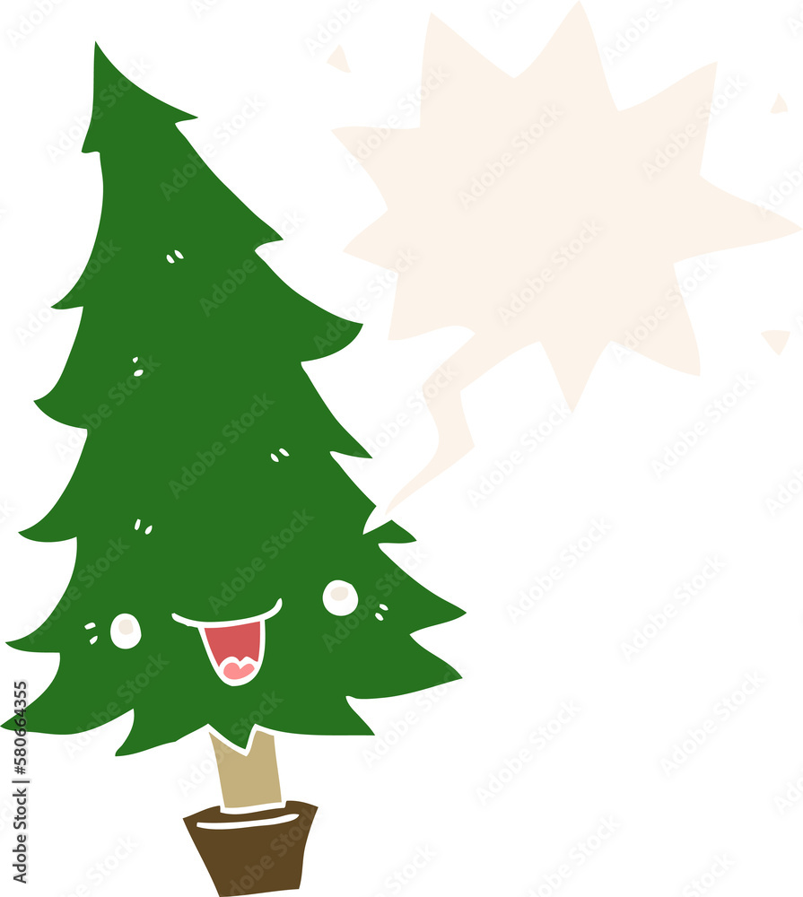 Obraz premium cute cartoon christmas tree and speech bubble in retro style