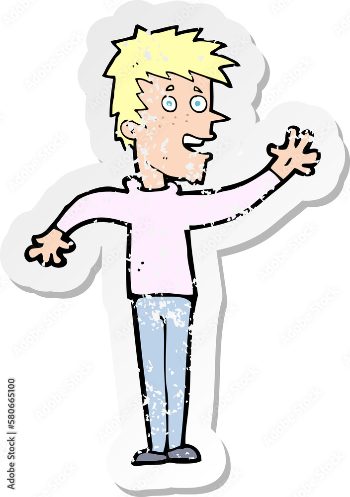 retro distressed sticker of a cartoon happy boy waving retro distressed sticker of a cartoon happy boy waving