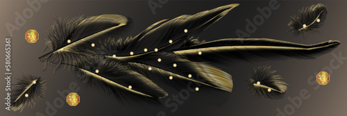 Set of modern creative gold and black feathers and feathered butterfly. Illustrations for home decor, banners, and prints. Vector illustration.