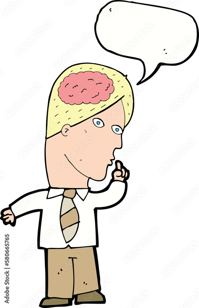 cartoon businessman with huge brain with speech bubble