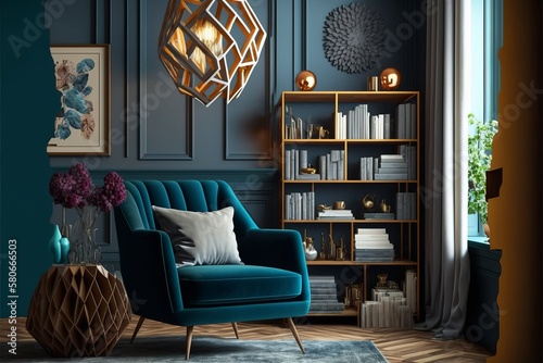 Contemporary Sophistication: Stylish Living Room Interior with a Wide Cross-Angled Leather Armchair, Enhanced by Stunning Carpet Decor.