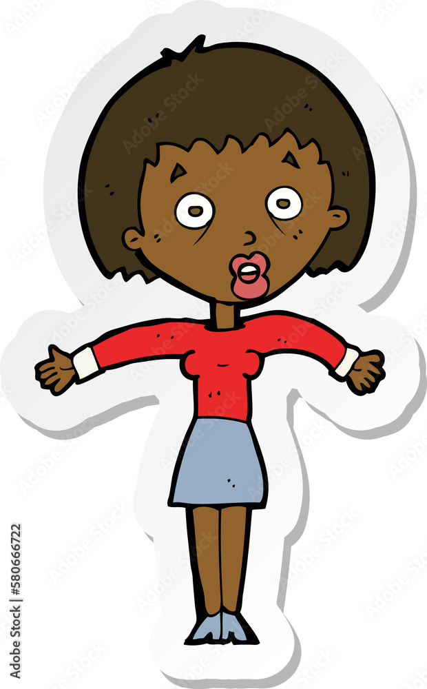 sticker of a cartoon woman shrugging shoulders sticker of a cartoon woman shrugging shoulders