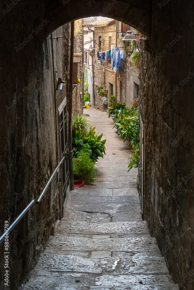 Narrow street in the old town of viterbo in italy