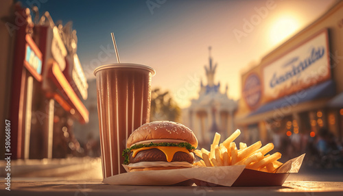 Fast food  delicious burger  french fries and soft drink  on background of a theme park with attractions. Based on Generative AI